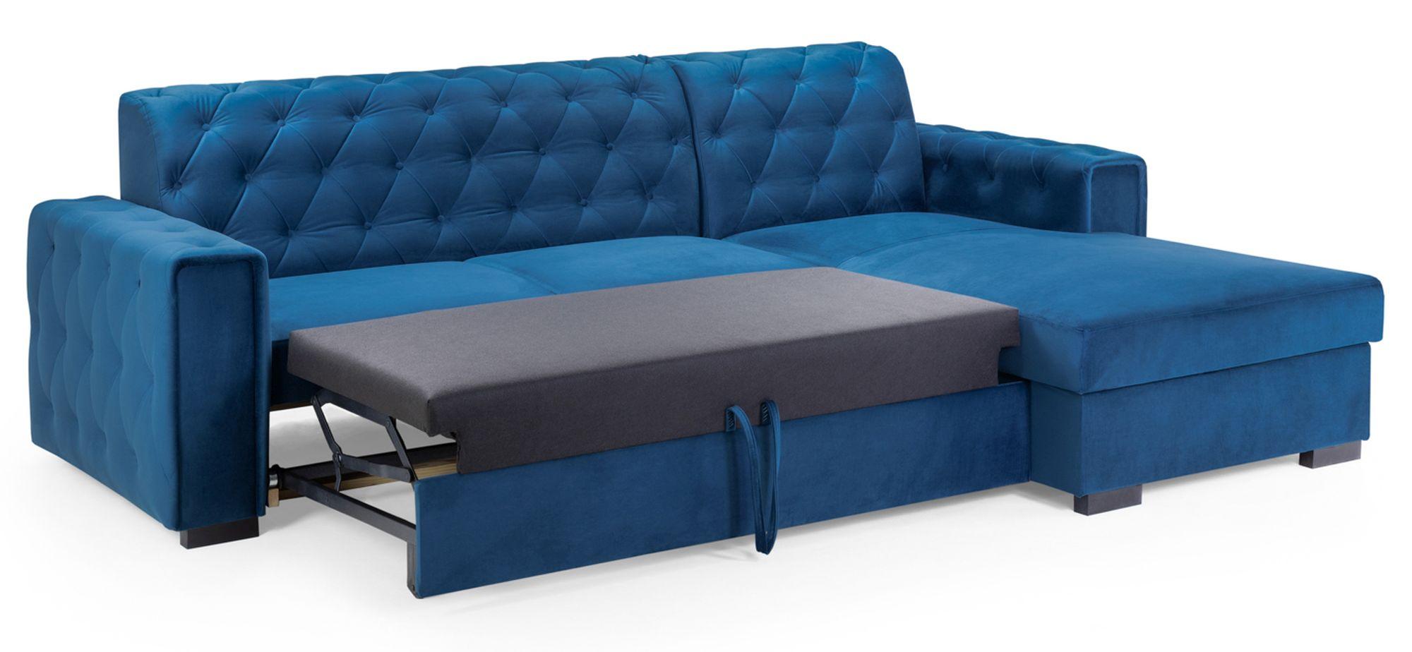 Product photograph of Reva Blue Fabric Right Hand Facing Pull Out Corner Sofabed With Storage from Choice Furniture Superstore.